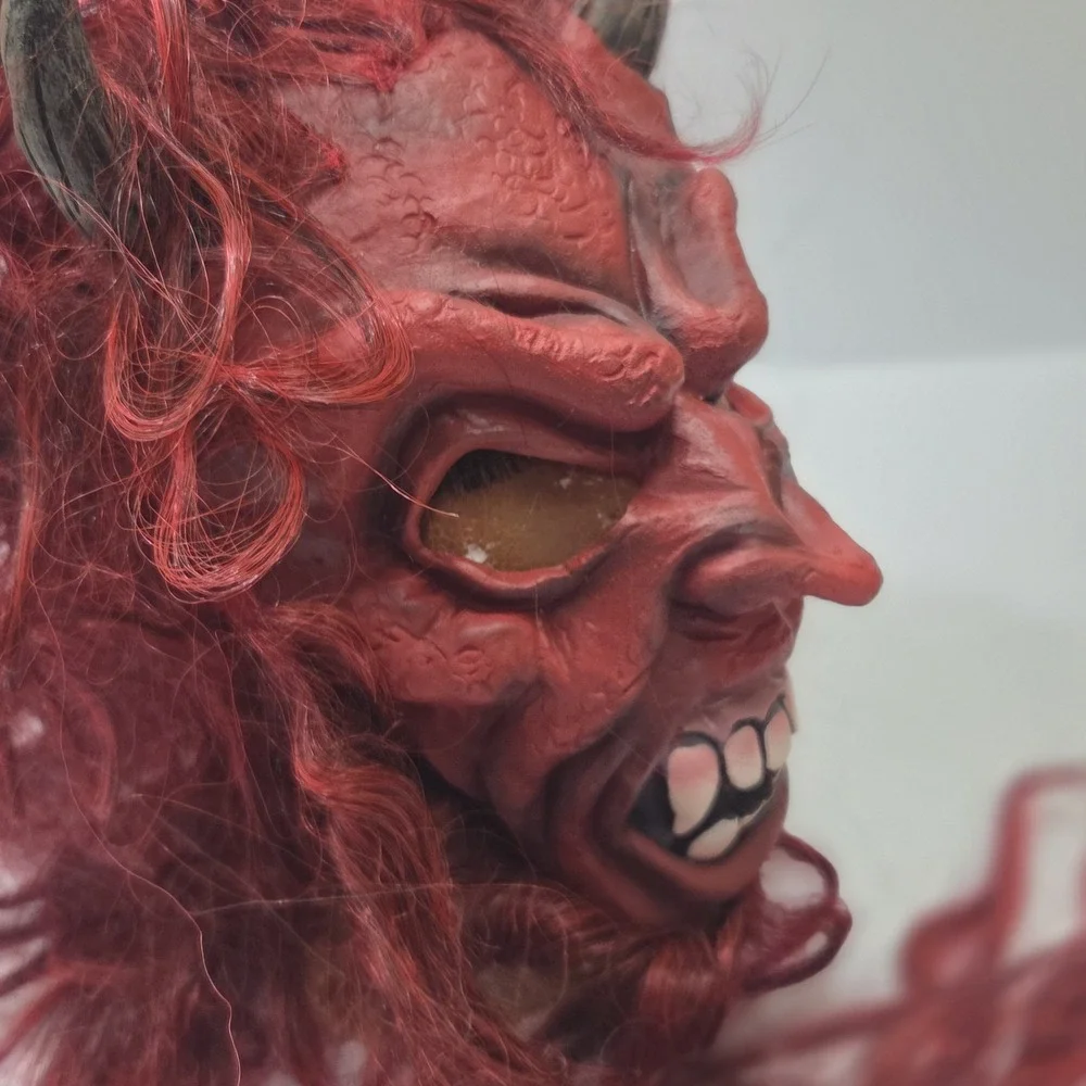 Target Red Devil Monster Mask Horns Hair Satan Demon Latex Halloween Prop Vtg